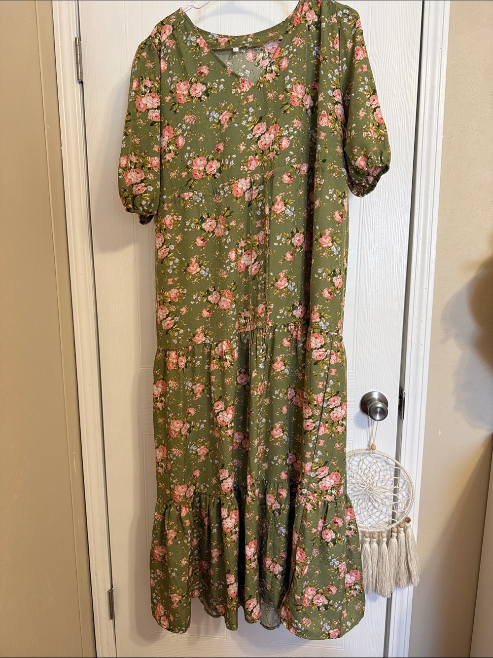 Olive Green Floral Maxi Dress with Pink Blooms